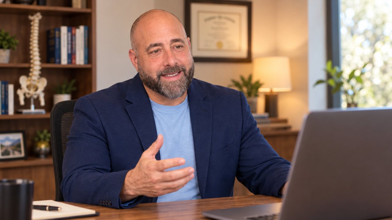 Dr. Jeff Raiffie on a video call from his office