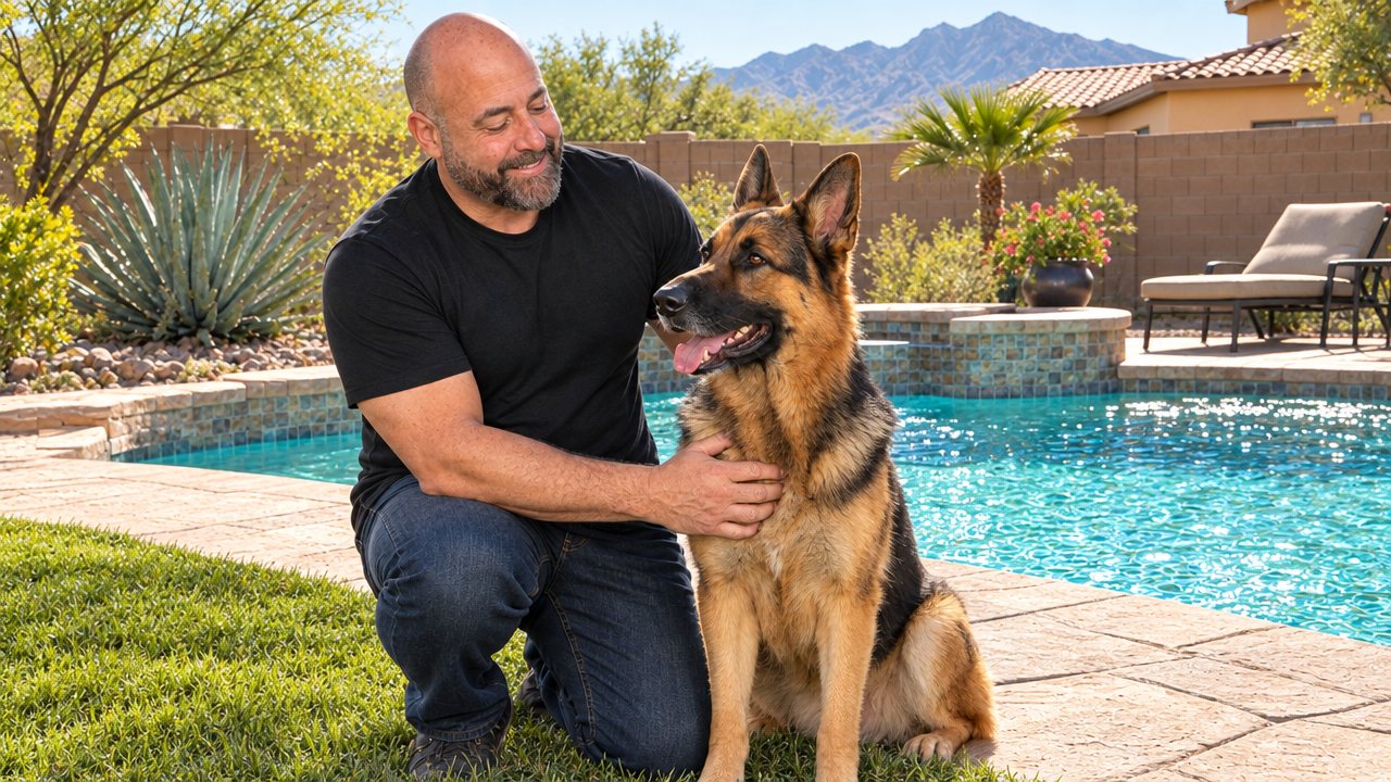 Dr. Jeff Raiffie with his German Shepherd at home in Arizona