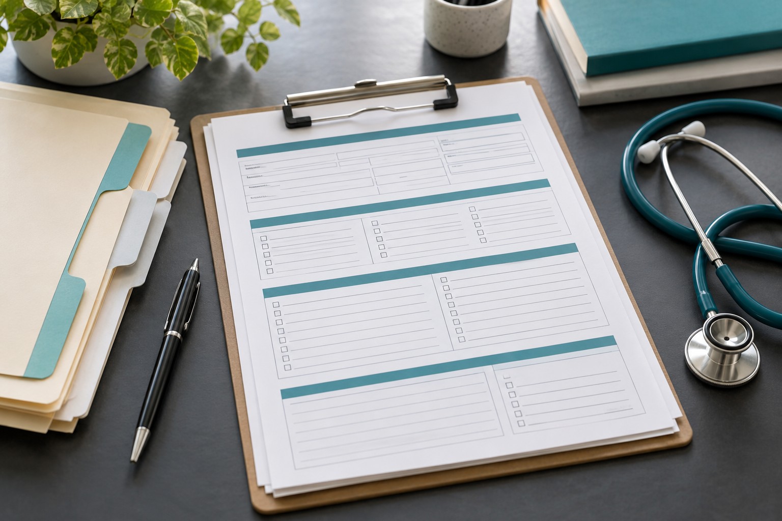 Medical forms, organized folders and a stethoscope