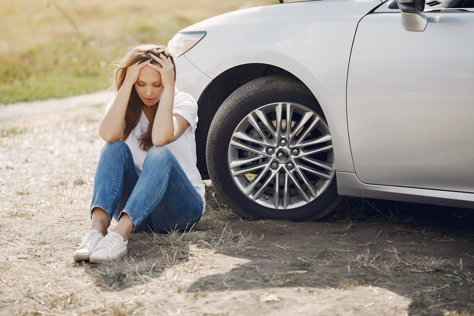 Driver sitting beside her car after an accident